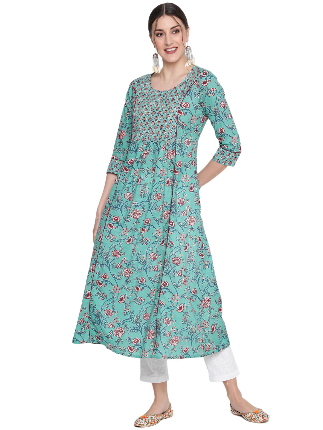 Cotton Printed Round Neck 3/4 Sleeve Flared Ankle Length Ethnic Kurta