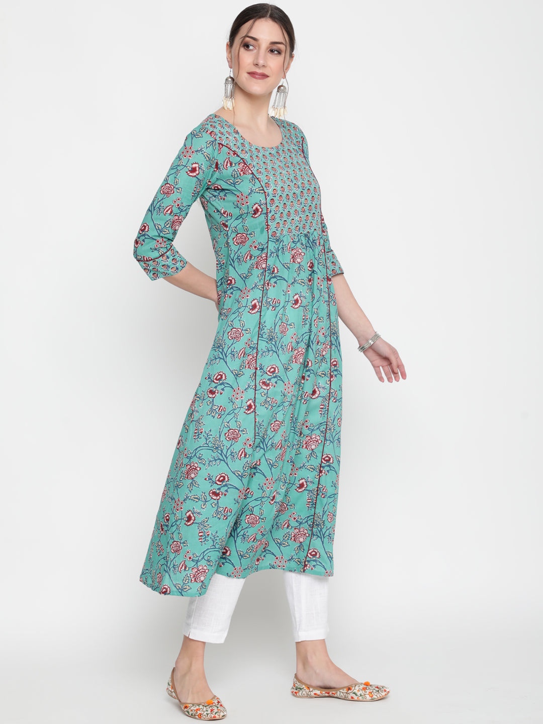 Cotton Printed Round Neck 3/4 Sleeve Flared Ankle Length Ethnic Kurta