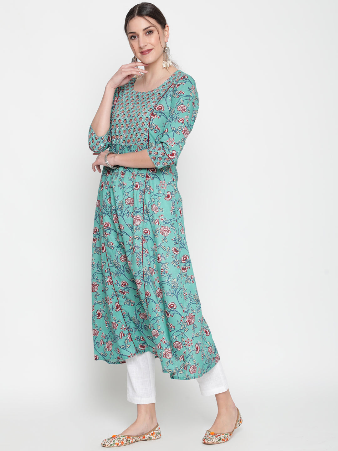 Cotton Printed Round Neck 3/4 Sleeve Flared Ankle Length Ethnic Kurta