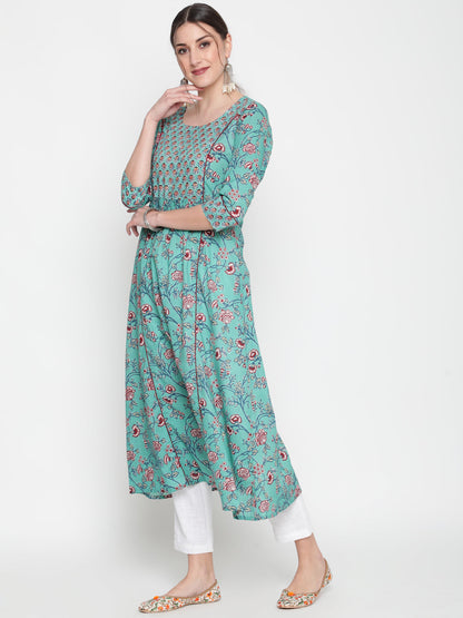 Cotton Printed Round Neck 3/4 Sleeve Flared Ankle Length Ethnic Kurta