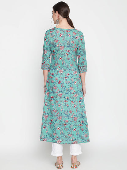 Cotton Printed Round Neck 3/4 Sleeve Flared Ankle Length Ethnic Kurta