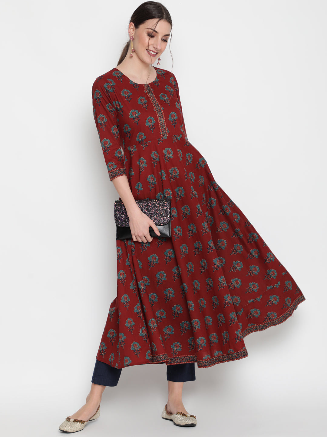 Cotton Printed Round Neck 3/4 Sleeve Flared Ankle Length Ethnic Kurta