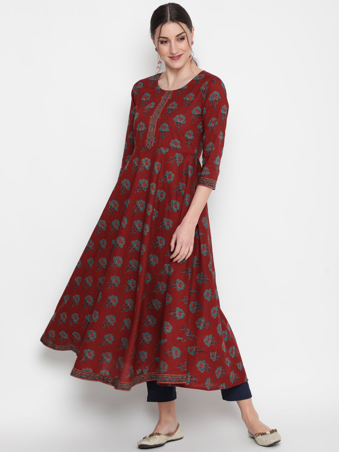 Cotton Printed Round Neck 3/4 Sleeve Flared Ankle Length Ethnic Kurta