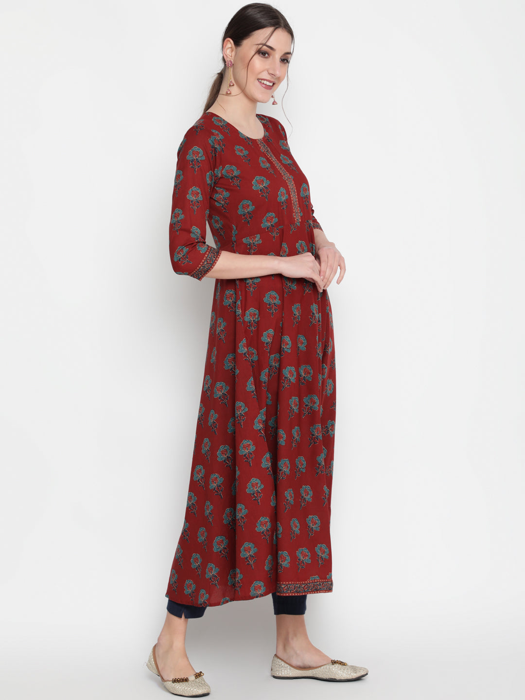 Cotton Printed Round Neck 3/4 Sleeve Flared Ankle Length Ethnic Kurta