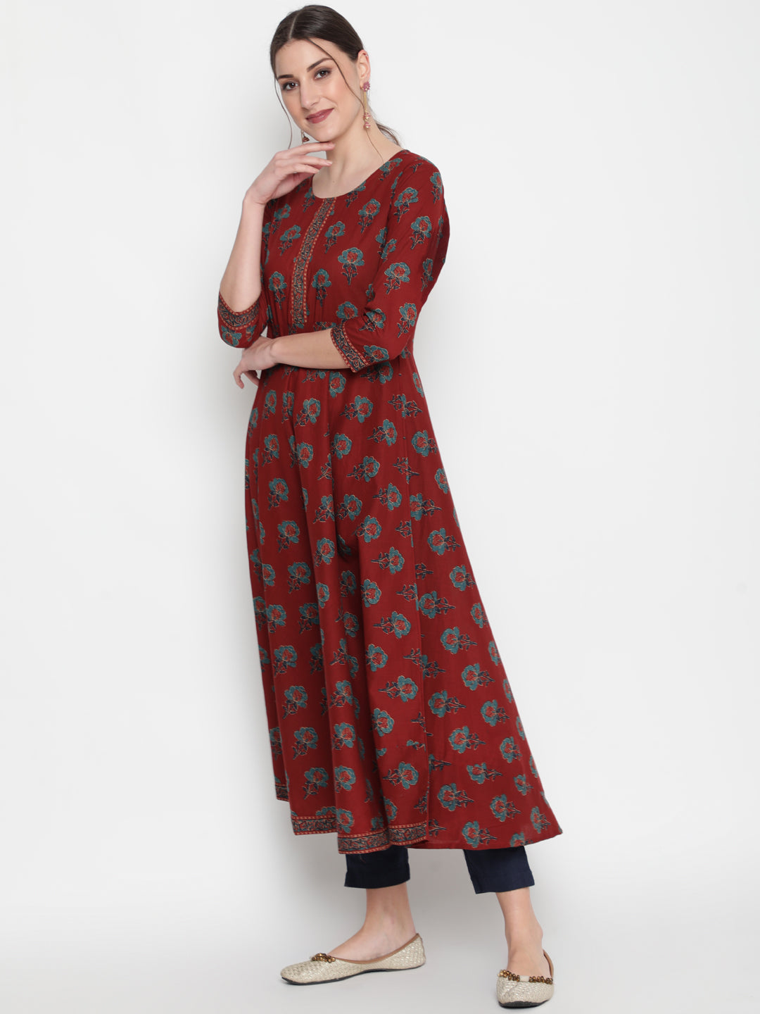 Cotton Printed Round Neck 3/4 Sleeve Flared Ankle Length Ethnic Kurta