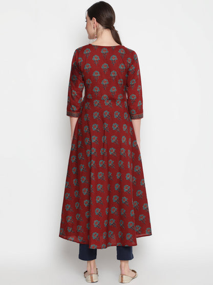 Cotton Printed Round Neck 3/4 Sleeve Flared Ankle Length Ethnic Kurta