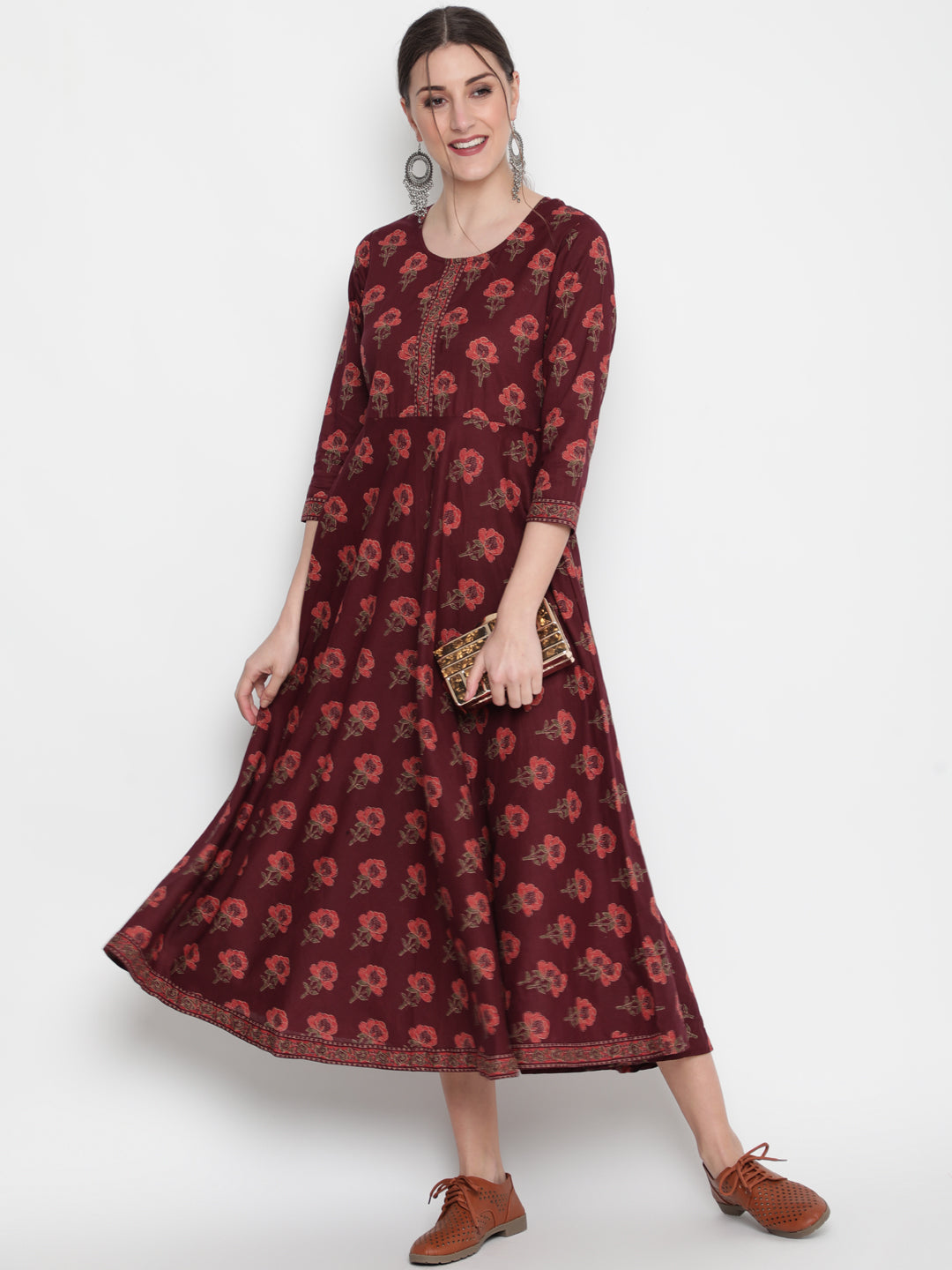 Cotton Printed Round Neck 3/4 Sleeve Flared Ankle Length Ethnic Kurta