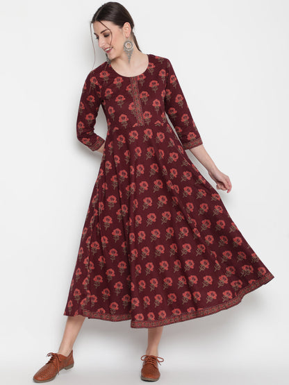 Cotton Printed Round Neck 3/4 Sleeve Flared Ankle Length Ethnic Kurta