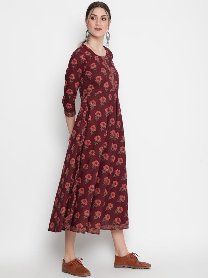 Cotton Printed Round Neck 3/4 Sleeve Flared Ankle Length Ethnic Kurta