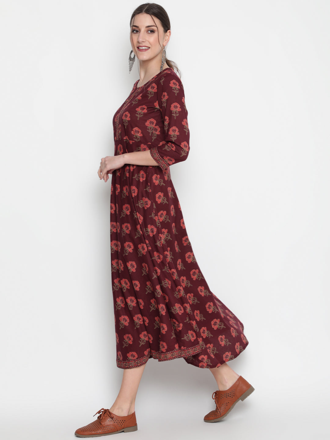 Cotton Printed Round Neck 3/4 Sleeve Flared Ankle Length Ethnic Kurta