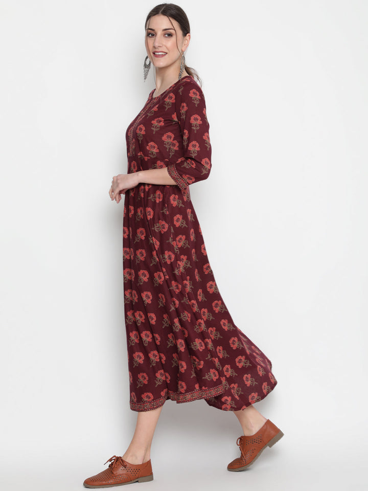 Cotton Printed Round Neck 3/4 Sleeve Flared Ankle Length Ethnic Kurta