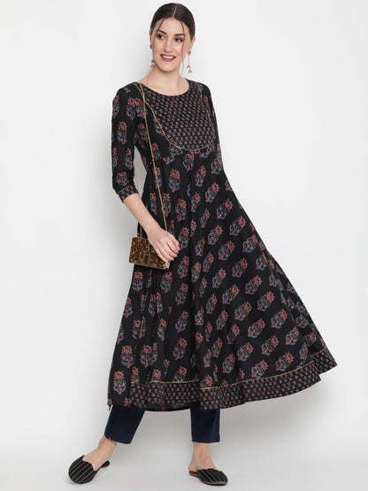 Cotton Printed Round Neck 3/4 Sleeve Flared Ankle Length Ethnic Kurta