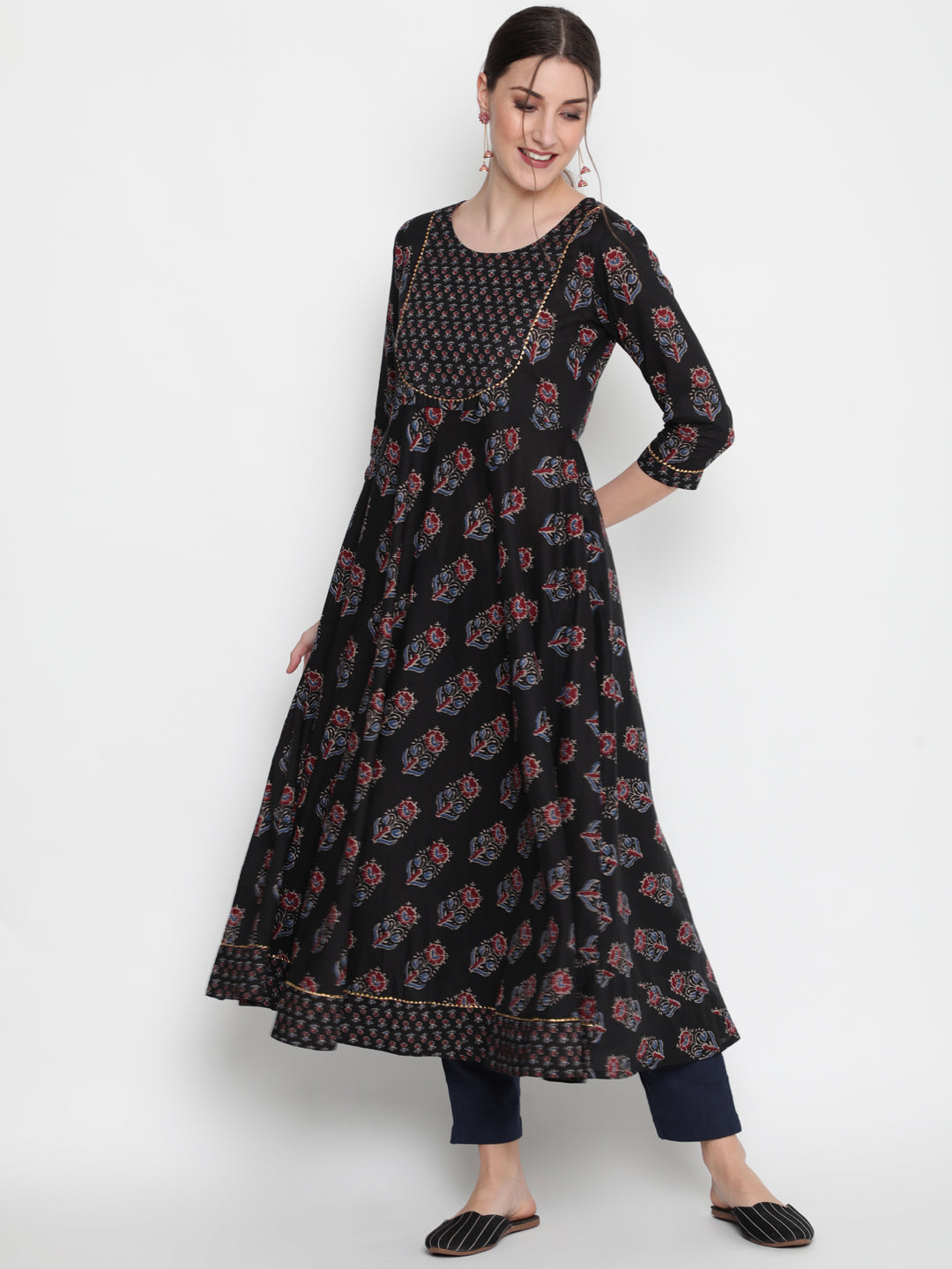 Cotton Printed Round Neck 3/4 Sleeve Flared Ankle Length Ethnic Kurta