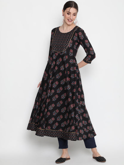 Cotton Printed Round Neck 3/4 Sleeve Flared Ankle Length Ethnic Kurta