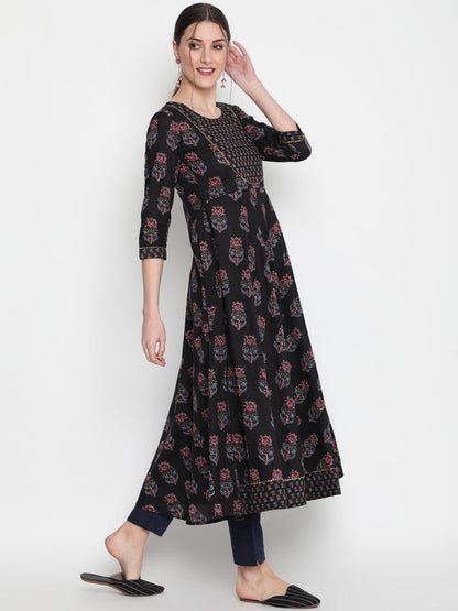 Cotton Printed Round Neck 3/4 Sleeve Flared Ankle Length Ethnic Kurta