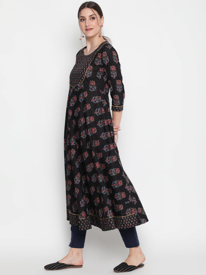 Cotton Printed Round Neck 3/4 Sleeve Flared Ankle Length Ethnic Kurta