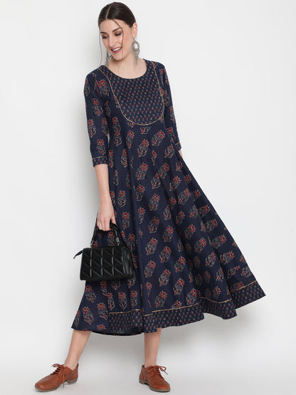 Cotton Printed Round Neck 3/4 Sleeve Flared Ankle Length Ethnic Kurta