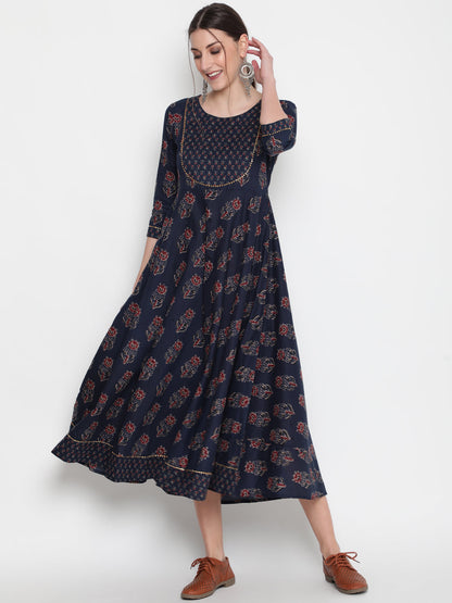 Cotton Printed Round Neck 3/4 Sleeve Flared Ankle Length Ethnic Kurta