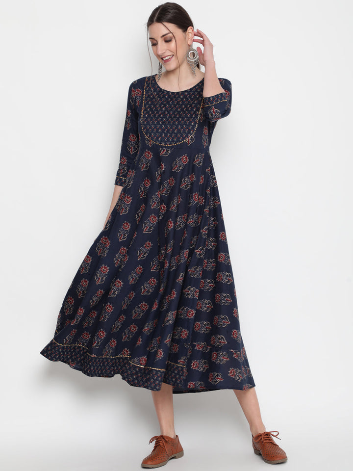 Cotton Printed Round Neck 3/4 Sleeve Flared Ankle Length Ethnic Kurta