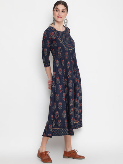 Cotton Printed Round Neck 3/4 Sleeve Flared Ankle Length Ethnic Kurta
