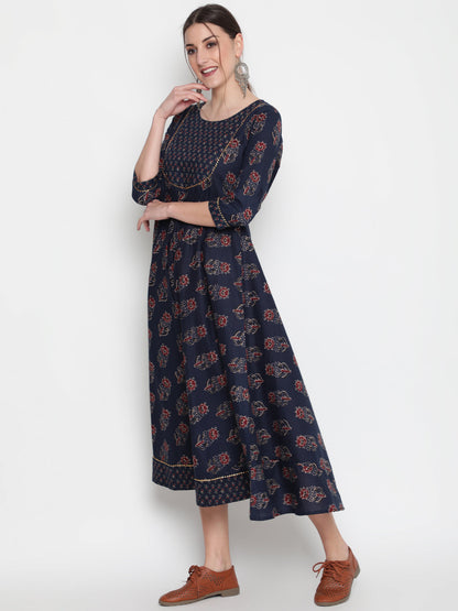 Cotton Printed Round Neck 3/4 Sleeve Flared Ankle Length Ethnic Kurta