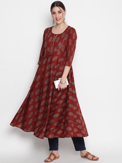 Cotton Printed Round Neck 3/4 Sleeve Flared Ankle Length Ethnic Kurta