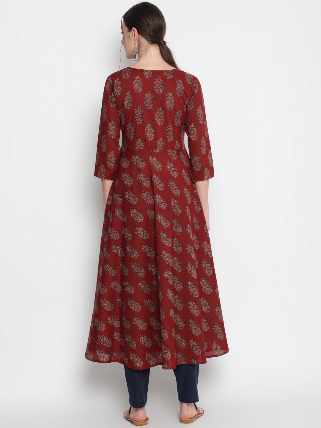 Cotton Printed Round Neck 3/4 Sleeve Flared Ankle Length Ethnic Kurta