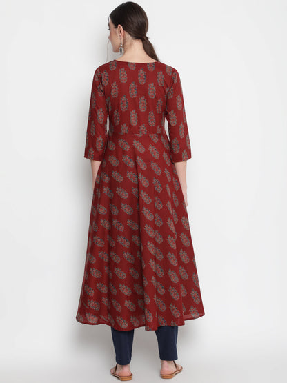 Cotton Printed Round Neck 3/4 Sleeve Flared Ankle Length Ethnic Kurta