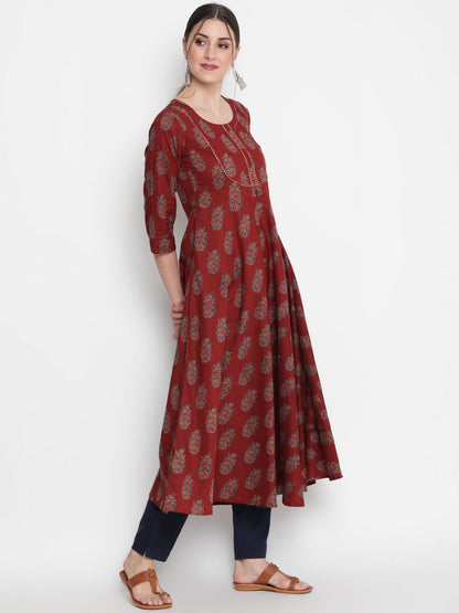 Cotton Printed Round Neck 3/4 Sleeve Flared Ankle Length Ethnic Kurta