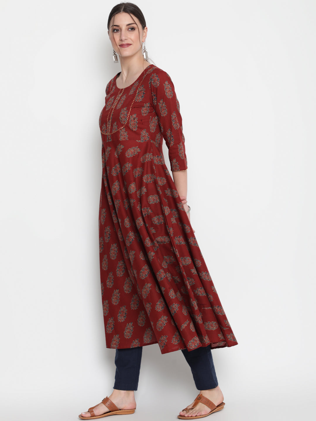 Cotton Printed Round Neck 3/4 Sleeve Flared Ankle Length Ethnic Kurta