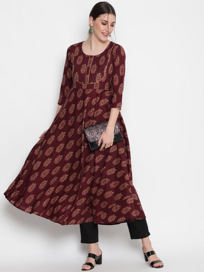 Cotton Printed Round Neck 3/4 Sleeve Flared Ankle Length Ethnic Kurta