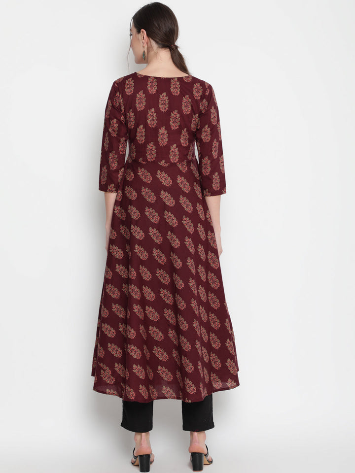Cotton Printed Round Neck 3/4 Sleeve Flared Ankle Length Ethnic Kurta