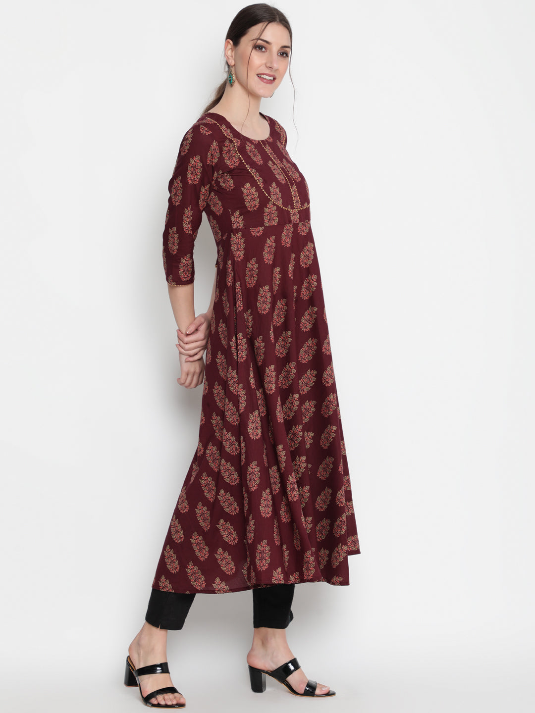Cotton Printed Round Neck 3/4 Sleeve Flared Ankle Length Ethnic Kurta