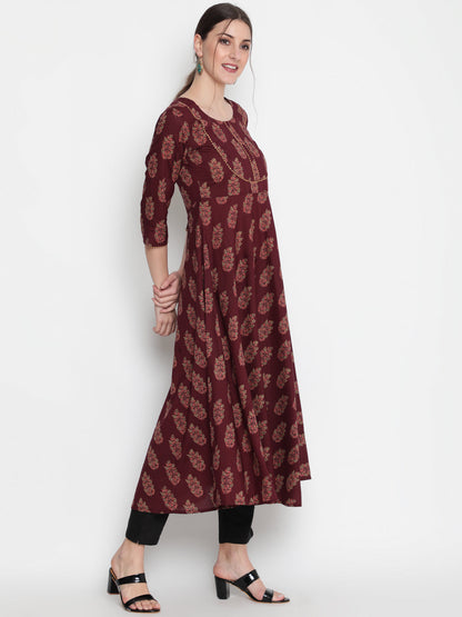 Cotton Printed Round Neck 3/4 Sleeve Flared Ankle Length Ethnic Kurta