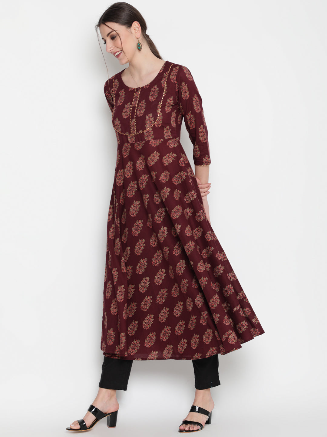 Cotton Printed Round Neck 3/4 Sleeve Flared Ankle Length Ethnic Kurta