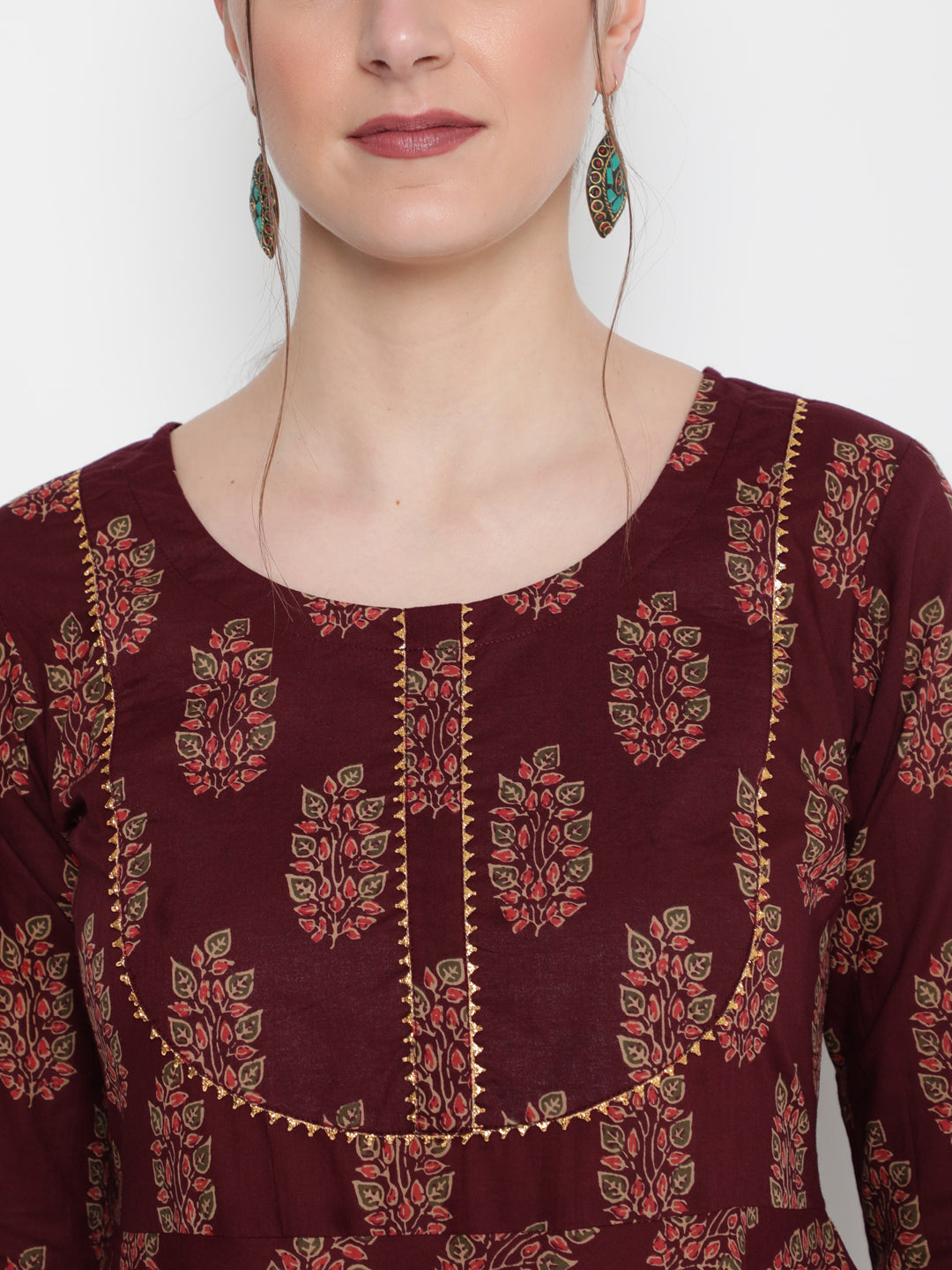 Cotton Printed Round Neck 3/4 Sleeve Flared Ankle Length Ethnic Kurta