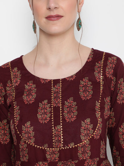 Cotton Printed Round Neck 3/4 Sleeve Flared Ankle Length Ethnic Kurta