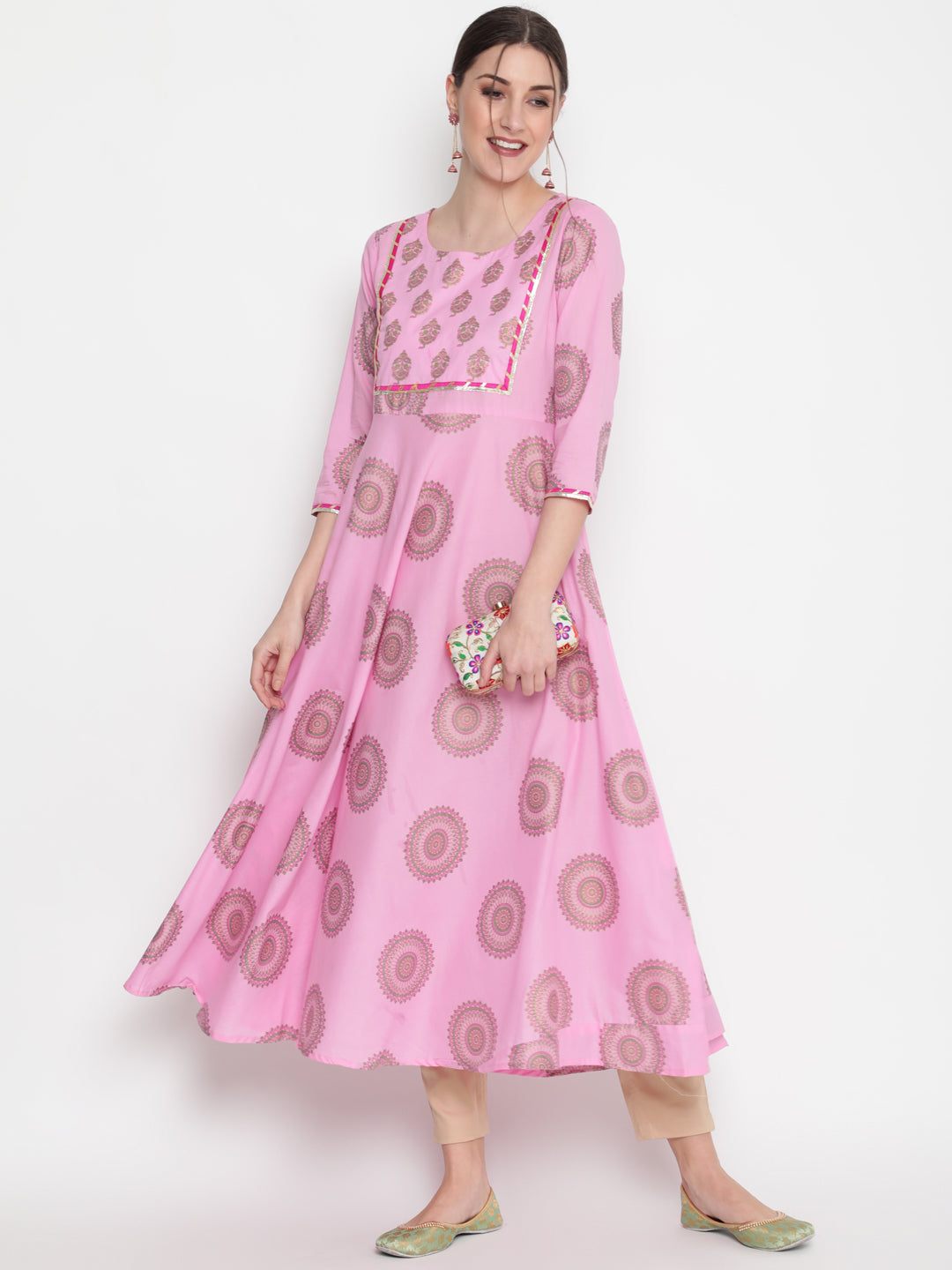 Cotton Printed Round Neck 3/4 Sleeve Flared Ankle Length Ethnic Kurta