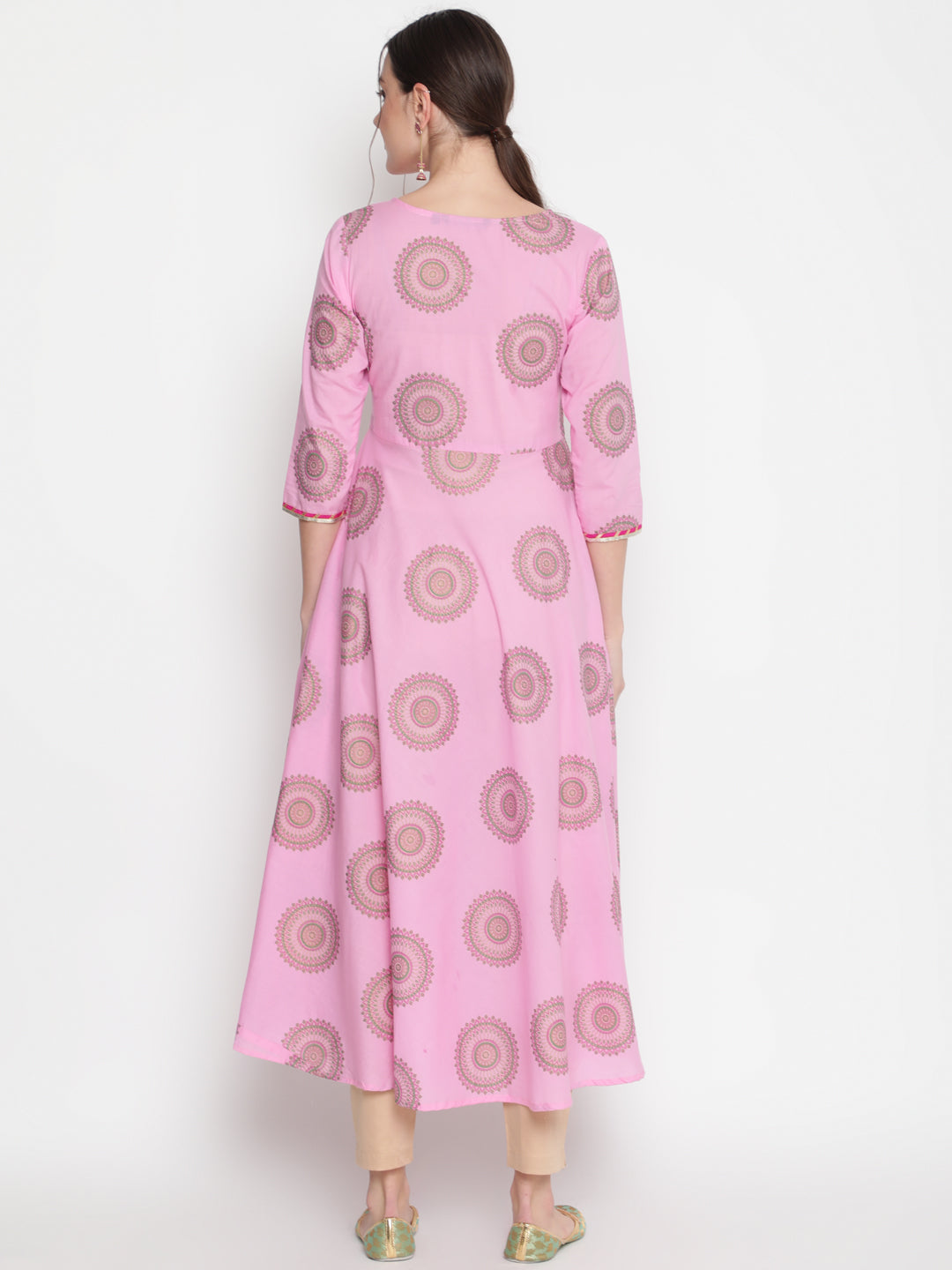 Cotton Printed Round Neck 3/4 Sleeve Flared Ankle Length Ethnic Kurta