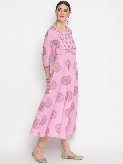 Cotton Printed Round Neck 3/4 Sleeve Flared Ankle Length Ethnic Kurta