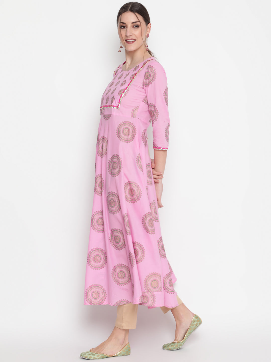 Cotton Printed Round Neck 3/4 Sleeve Flared Ankle Length Ethnic Kurta