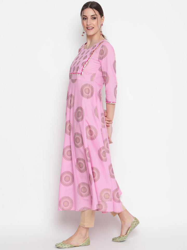 Cotton Printed Round Neck 3/4 Sleeve Flared Ankle Length Ethnic Kurta