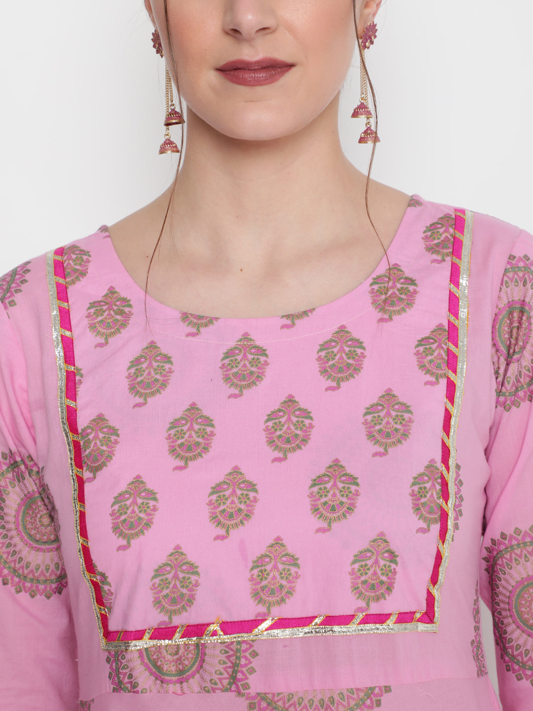 Cotton Printed Round Neck 3/4 Sleeve Flared Ankle Length Ethnic Kurta