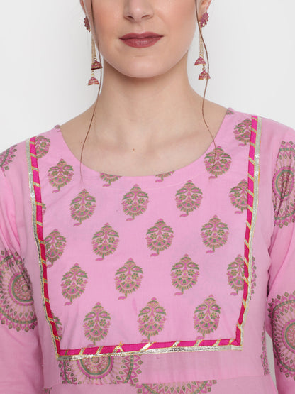 Cotton Printed Round Neck 3/4 Sleeve Flared Ankle Length Ethnic Kurta