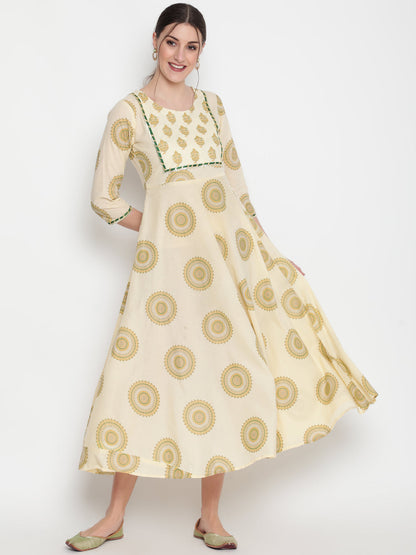 Cotton Printed Round Neck 3/4 Sleeve Flared Ankle Length Ethnic Kurta