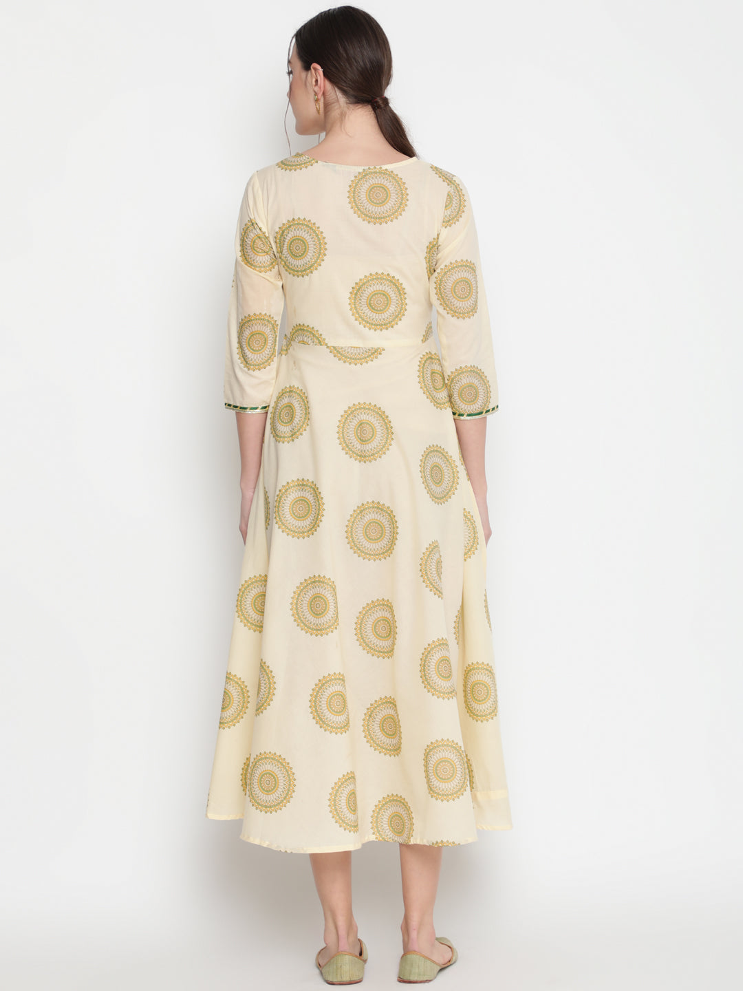 Cotton Printed Round Neck 3/4 Sleeve Flared Ankle Length Ethnic Kurta