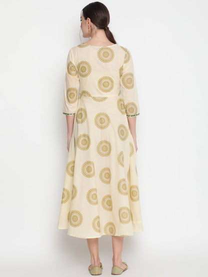 Cotton Printed Round Neck 3/4 Sleeve Flared Ankle Length Ethnic Kurta