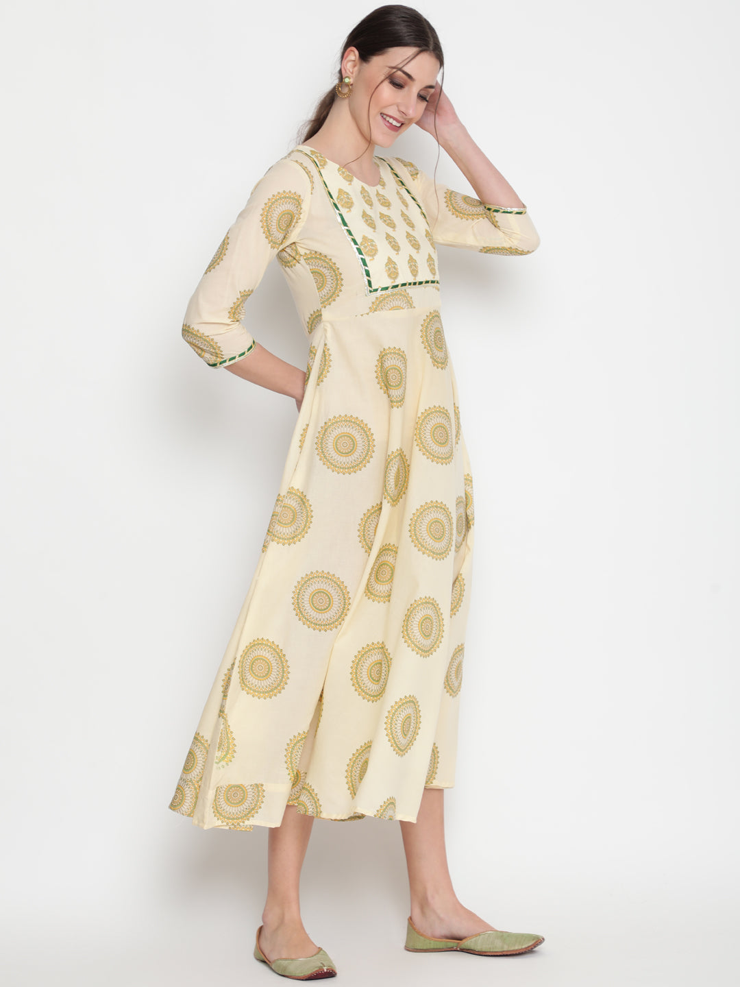 Cotton Printed Round Neck 3/4 Sleeve Flared Ankle Length Ethnic Kurta