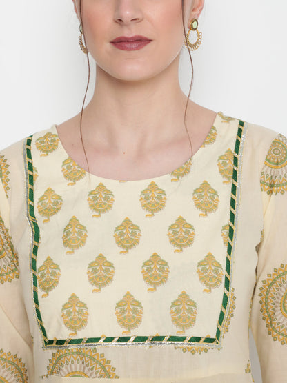 Cotton Printed Round Neck 3/4 Sleeve Flared Ankle Length Ethnic Kurta