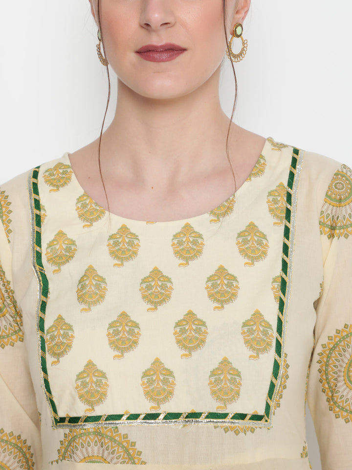 Cotton Printed Round Neck 3/4 Sleeve Flared Ankle Length Ethnic Kurta